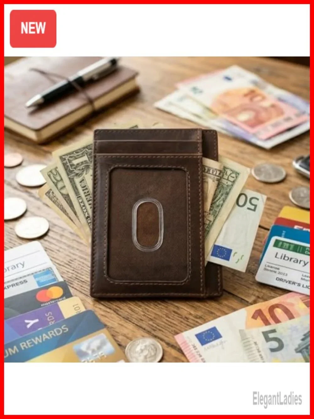 Genuine Leather Slim RFID Card Holder 7 Slots ID Window